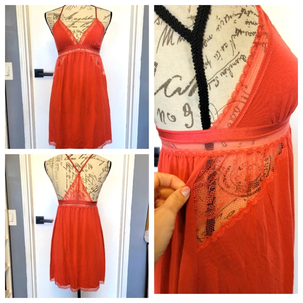 Victoria's Secret Burnt Orange Romantic Lace Trim Babydoll Lingerie M Like New